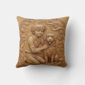 Wood carving effect Throw Cushion boy and dog Kussen (Achterkant)