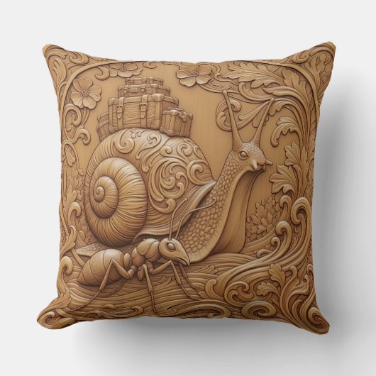 Wood carving effect Throw Cushion snail and ant Kussen (Voorkant)