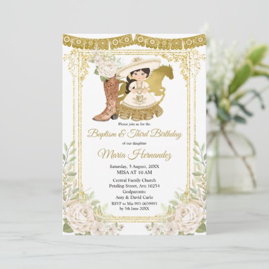 Wood Charro White Baptism & Third Birthday Kaart (Staand voorkant)