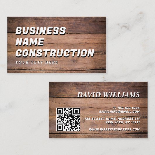 Wood Construction QR Code Bold Rustic Visitekaartje (Voorkant / Achterkant)