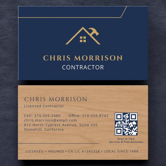 Wood Contractor Construction QR Code Navy Blue Visitekaartje