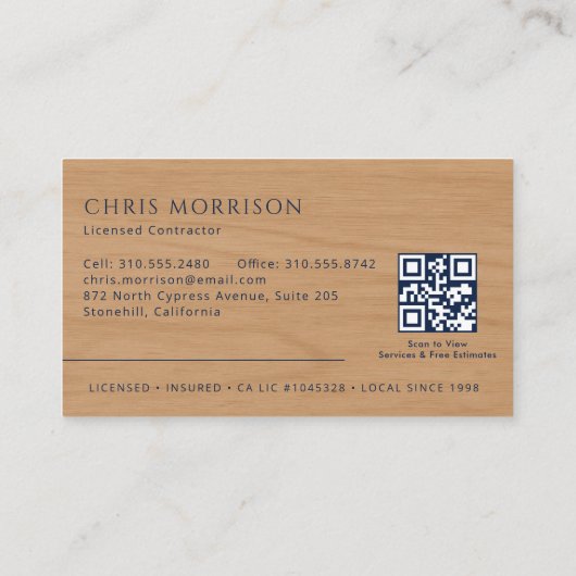 Wood Contractor Construction QR Code Navy Blue Visitekaartje (Achterkant)