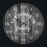 Wood Custom Family Name Rustic Farmhouse Grote Klok<br><div class="desc">The grey (gray) wooden farm house style wall clock is perfect voor your country farmhouse kitchen or living room. Customize with your familiy name and established year for a single and personalized birthday or Christmas gift.</div>