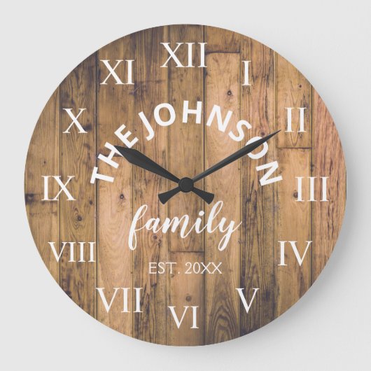 Wood Custom Family Name Rustic Farmhouse Grote Klok (Voorkant)