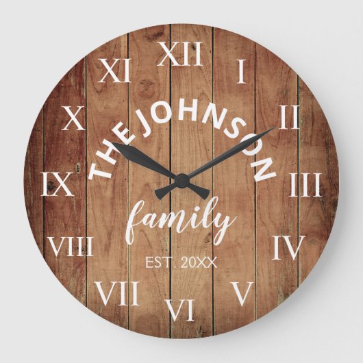 Wood Custom Family Name Rustic Farmhouse Grote Klok (Voorkant)