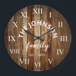 Wood Custom Family Name Rustic Farmhouse Grote Klok<br><div class="desc">De bruine houten boerderij-huiswandklok is perfect voor de keuken of woonkamer van de boerderij in uw land. Pas je aan met je familienaam en het jaar waarin je bent ingesteld voor een unieke en persoonlijke verjaardag of kerstcadeau.</div>