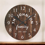 Wood Custom Family Name Rustic Farmhouse Grote Klok<br><div class="desc">De bruine houten boerderij-huiswandklok is perfect voor de keuken van de boerderij in uw land. Pas je aan met je familienaam en het jaar waarin je bent ingesteld voor een unieke en persoonlijke verjaardag of kerstcadeau.</div>