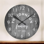 Wood Custom Family Name Rustic Farmhouse Grote Klok<br><div class="desc">The grey (gray) wooden farm house style wall clock is perfect voor de country farmhouse kitchen. Customize with your familiy name and established year for a single and personalized birthday or Christmas gift.</div>