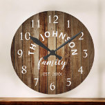 Wood Custom Family Name Rustic Farmhouse Grote Klok<br><div class="desc">De bruine houten boerderij-huiswandklok is perfect voor de keuken van de boerderij in uw land. Pas je aan met je familienaam en het jaar waarin je bent ingesteld voor een unieke en persoonlijke verjaardag of kerstcadeau.</div>