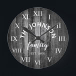 Wood Custom Family Name Rustic Farmhouse Ronde Klok<br><div class="desc">The grey (gray) wooden farm house style wall clock is perfect voor your country farmhouse kitchen or living room. Customize with your familiy name and established year for a single and personalized birthday or Christmas gift.</div>