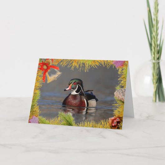Wood Duck Drake op een kerst Kaart (Voorkant)