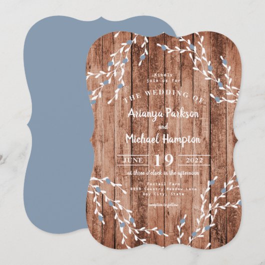 Wood Dusty Blue Berry Wreath Wedding Invitation Kaart (Voorkant / Achterkant)