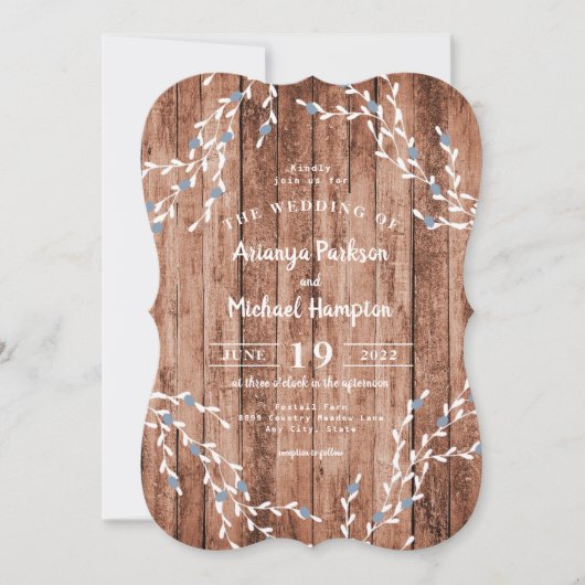 Wood Dusty Blue Berry Wreath Wedding Invitation Kaart (Voorkant)