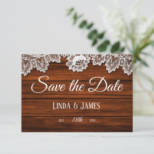 Wood en Lace Country Wedding Save the Date Card (Staand voorkant)