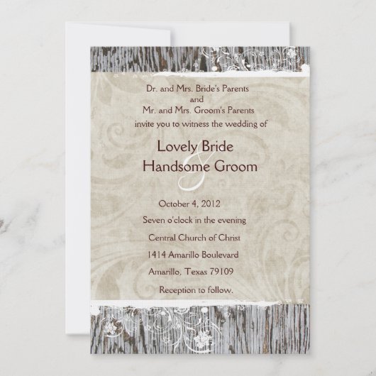 Wood en White Shabby Lace Wedding Invitation Kaart (Voorkant)