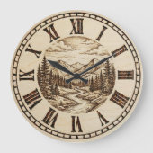 Wood Engraved Mountain River Wall Clock Grote Klok (Voorkant)