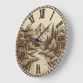 Wood Engraved Mountain River Wall Clock Grote Klok (Hoek)