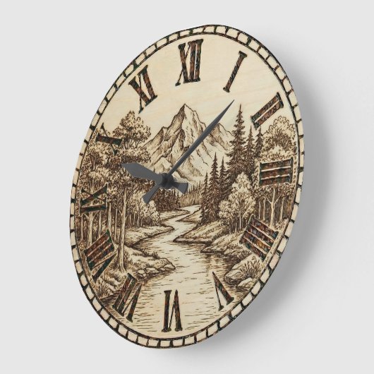 Wood Engraved Mountain River Wall Clock Grote Klok (Hoek)