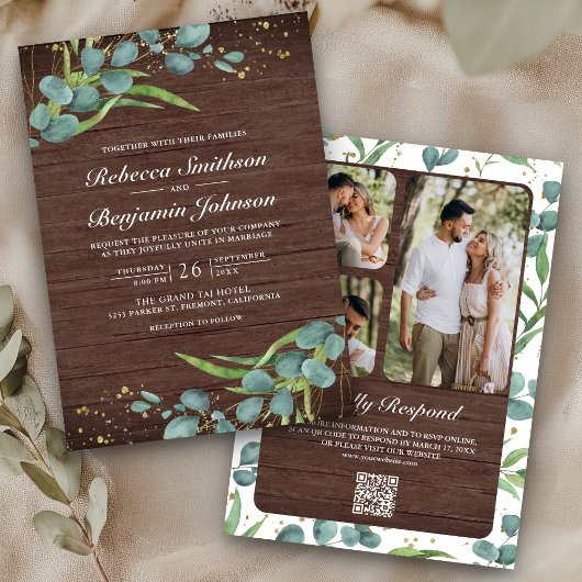Wood Eucalyptus Photo Collage QR Code Wedding Kaart