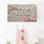 Wood Floral String Lights Wedding Welcome Banner (Insitu)