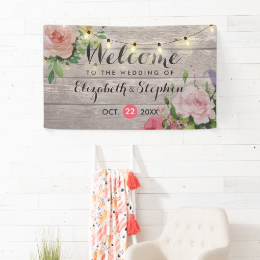 Wood Floral String Lights Wedding Welcome Banner (Insitu)