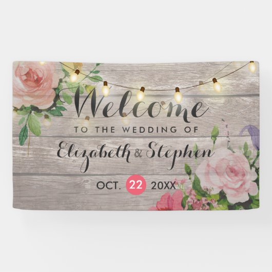 Wood Floral String Lights Wedding Welcome Banner (Horizontaal)