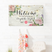Wood Floral String Lights Wedding Welcome Banner (Insitu)
