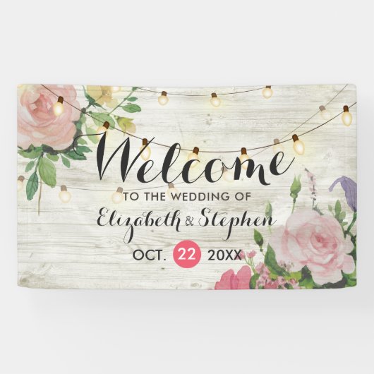 Wood Floral String Lights Wedding Welcome Banner (Horizontaal)