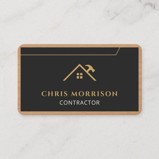 Wood Grain Black Gold Builder Contractor QR Code Visitekaartje (Voorkant)