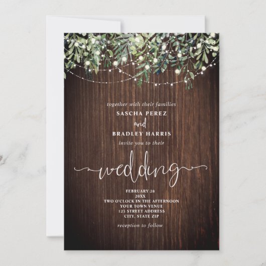 Wood Greenery String Lights Wedding Invitation Kaart (Voorkant)