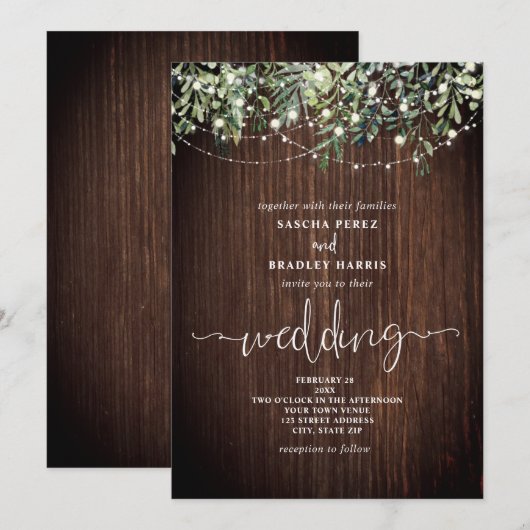 Wood Greenery String Lights Wedding Invitation Kaart (Voorkant / Achterkant)