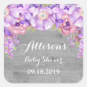 Wood Grey Lavendel Paarse Bloemen Baby shower Labe Vierkante Sticker