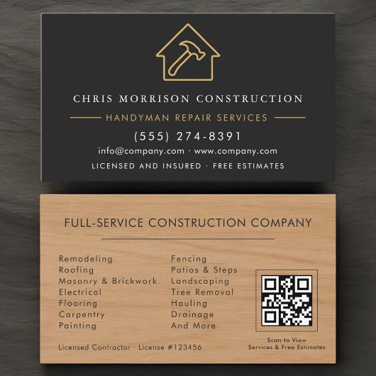 Wood Handyman Construction Black Gold QR Code Visitekaartje