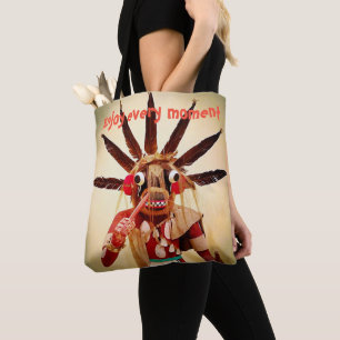 Wood Kachina Doll Grappig gezicht Geniet elk momen Tote Bag