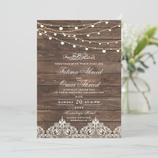 Wood Lace String Lights Islamitische Moslim Bruilo Kaart (Staand voorkant)