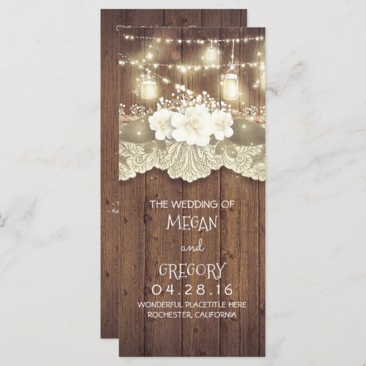 Wood Lace String Lights Mason Jars Trouwprogramma Programmakaart (Voorkant / Achterkant)