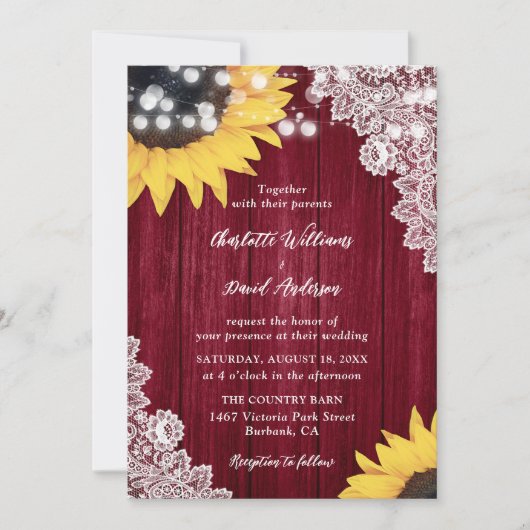 Wood Lace Sunflower Burgundy Wedding Invitting Kaart (Voorkant)