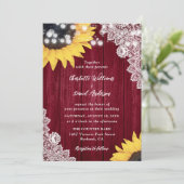 Wood Lace Sunflower Burgundy Wedding Invitting Kaart (Staand voorkant)