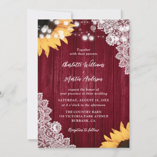 Wood Lace Sunflower Burgundy Wedding Invitting Kaart (Voorkant)