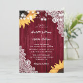 Wood Lace Sunflower Burgundy Wedding Invitting Kaart (Staand voorkant)