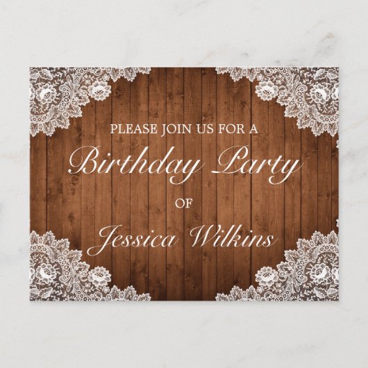 Wood & Lace Verjaardagsfeestuitnodiging Briefkaart (Voorkant)