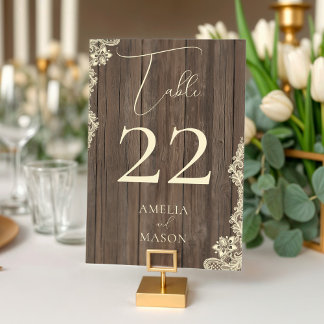 Wood Lace Wedding Rustic Table Number Card Kaart