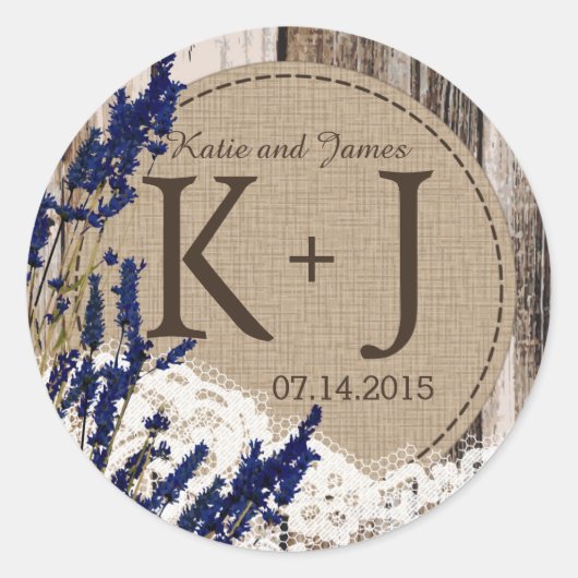 Wood Lavender Lace Rustic Monogram Weddenschap Lab Ronde Sticker (Voorkant)