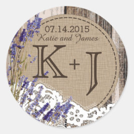 Wood Lavender Lace Rustic Monogram Weddenschap Lab Ronde Sticker