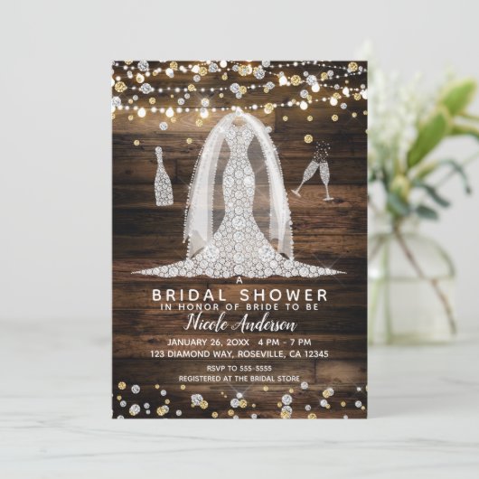 Wood & Lights Diamond Trouwjurk Vrijgezellenfeest Kaart (Staand voorkant)