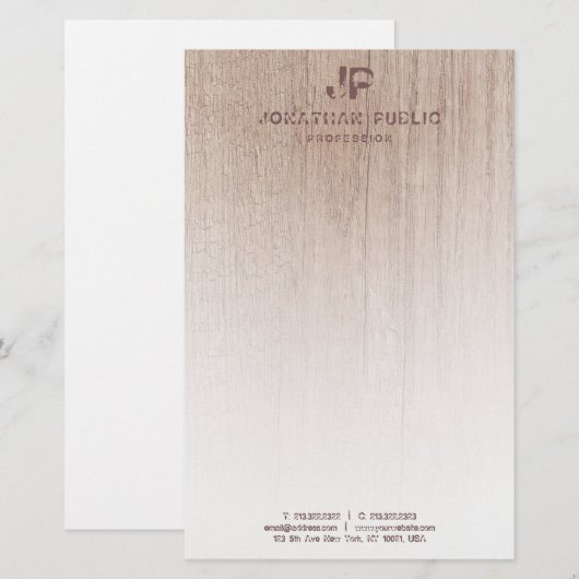 Wood Look Monogram Elegante Sjabloon Modern Briefpapier (Voorkant / Achterkant)