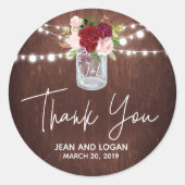 Wood Mason Jar Burgundy Flower Weddenschap Ronde Sticker (Voorkant)