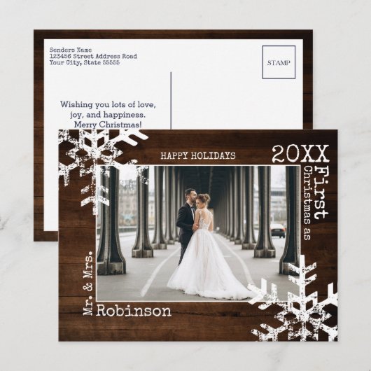 Wood Newlyweds First Christmas Photo Snowflakes Feestdagenkaart (Voorkant / Achterkant)