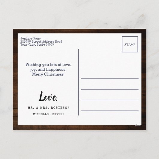 Wood Newlyweds First Christmas Photo Snowflakes Feestdagenkaart (Achterkant)