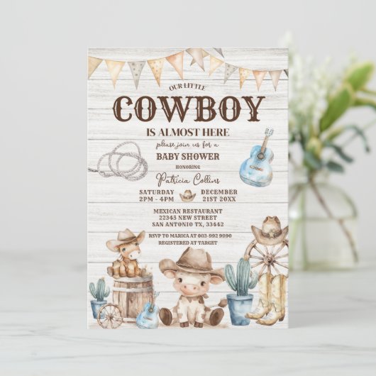 Wood Our Little Cowboy Wild West Boy Baby shower Kaart (Staand voorkant)